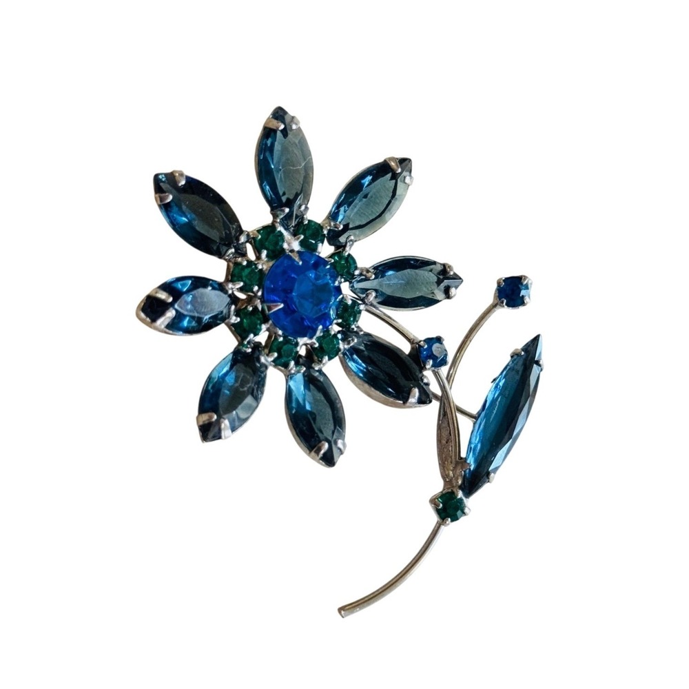 VTG‎ Estate Large Blue Green Flower pin Brooch Jeweled Crystal Rhinestone Retro